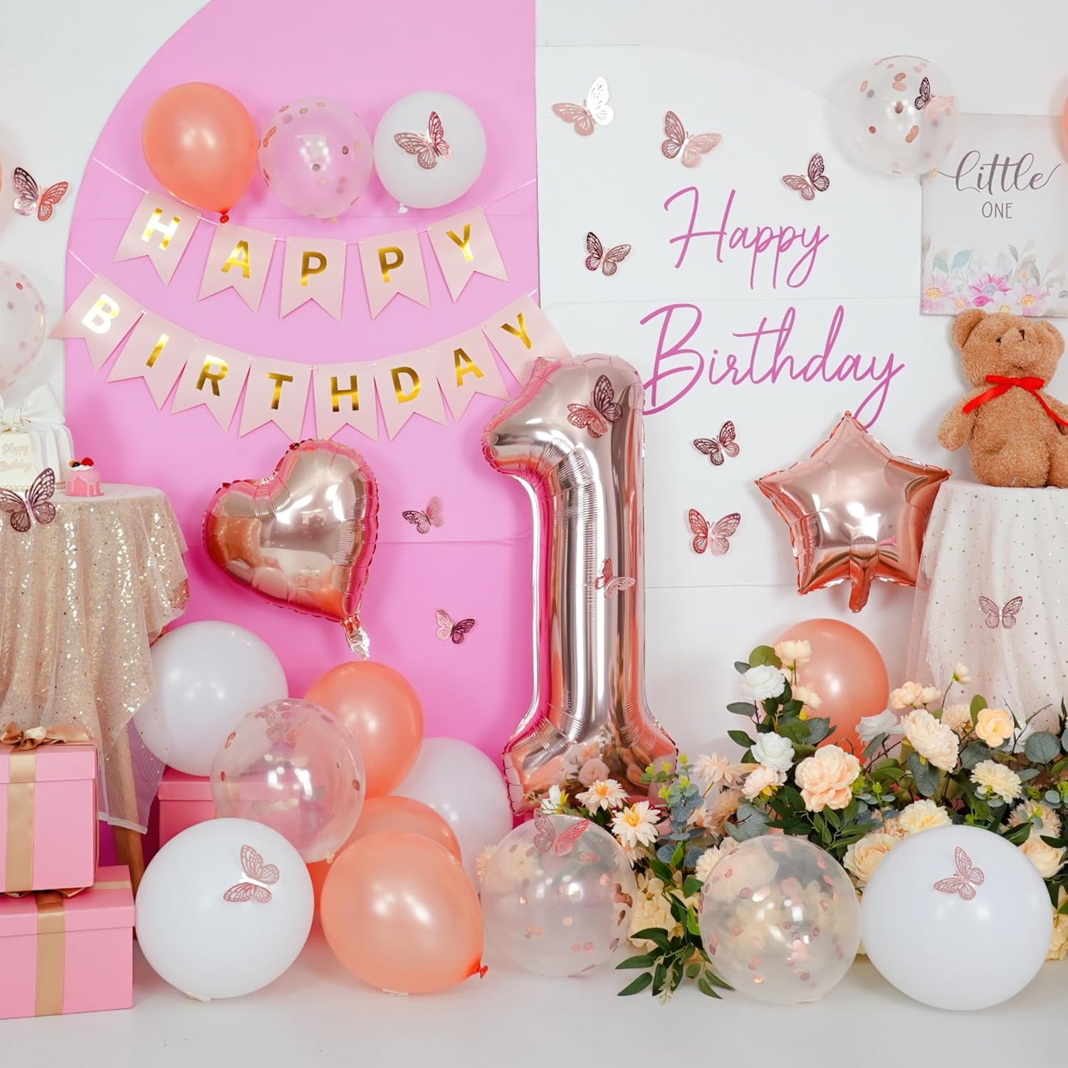 Rose Gold 1st Birthday Decoration Set | 1st Birthday Balloon with Butterfly Stickers & Foil Balloons