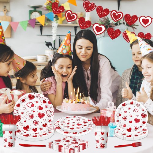 Valentines Day Party Decorations Tableware,146Pcs Valentines Plates and Napkins,Tablecloth,Cups,Forks, Knives,Banner,Heart Plates and Napkins for Kids Valentines Party Supplies,Sever 24