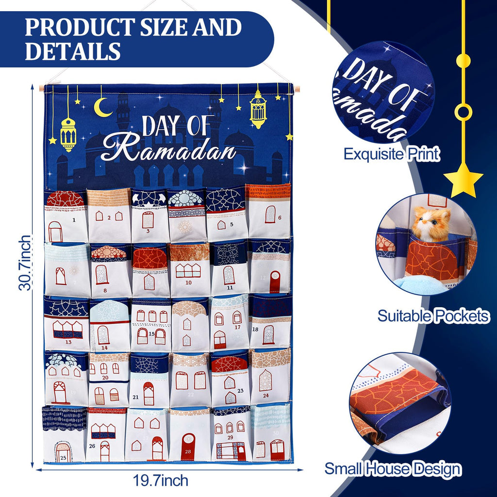 Fanfanwin Ramadan Countdown Calendar Fabric 30 Days Mystery Eid Countdown Calendar House Design Ramadan Wall Decor with 30 Pockets Blue Eid Mubarak Poster Gift for Home Wall Decor