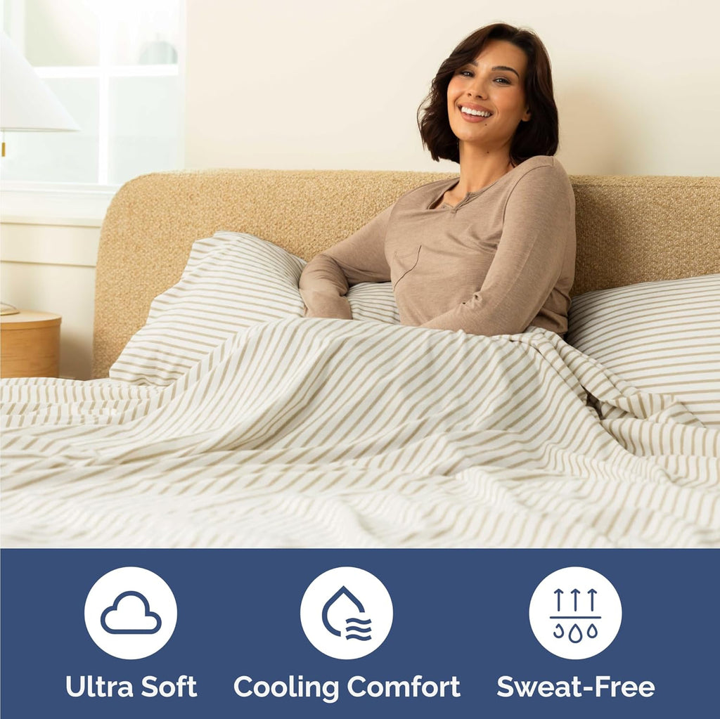 Skiennix Twin Size 3-Piece Sheet Set - Comfy Cooling Bed Sheets with Deep Pockets - Oeko-Tex Beige Stripes