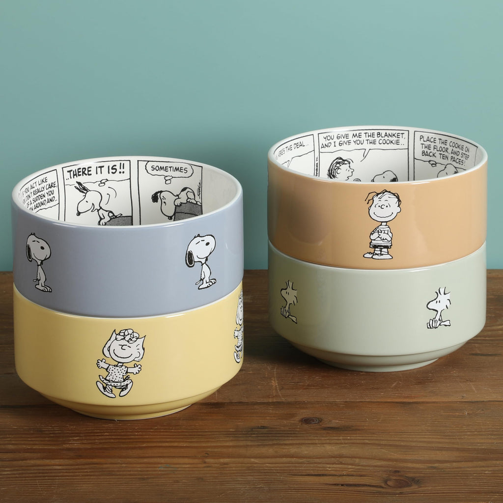 Peanuts Snoopy Bonbon Bites 4-Piece 5.5-Inch Decorated Stoneware Ceramic Stackable Bowl Set, Microwave & Dishwasher Safe Snack and Dessert Bowls