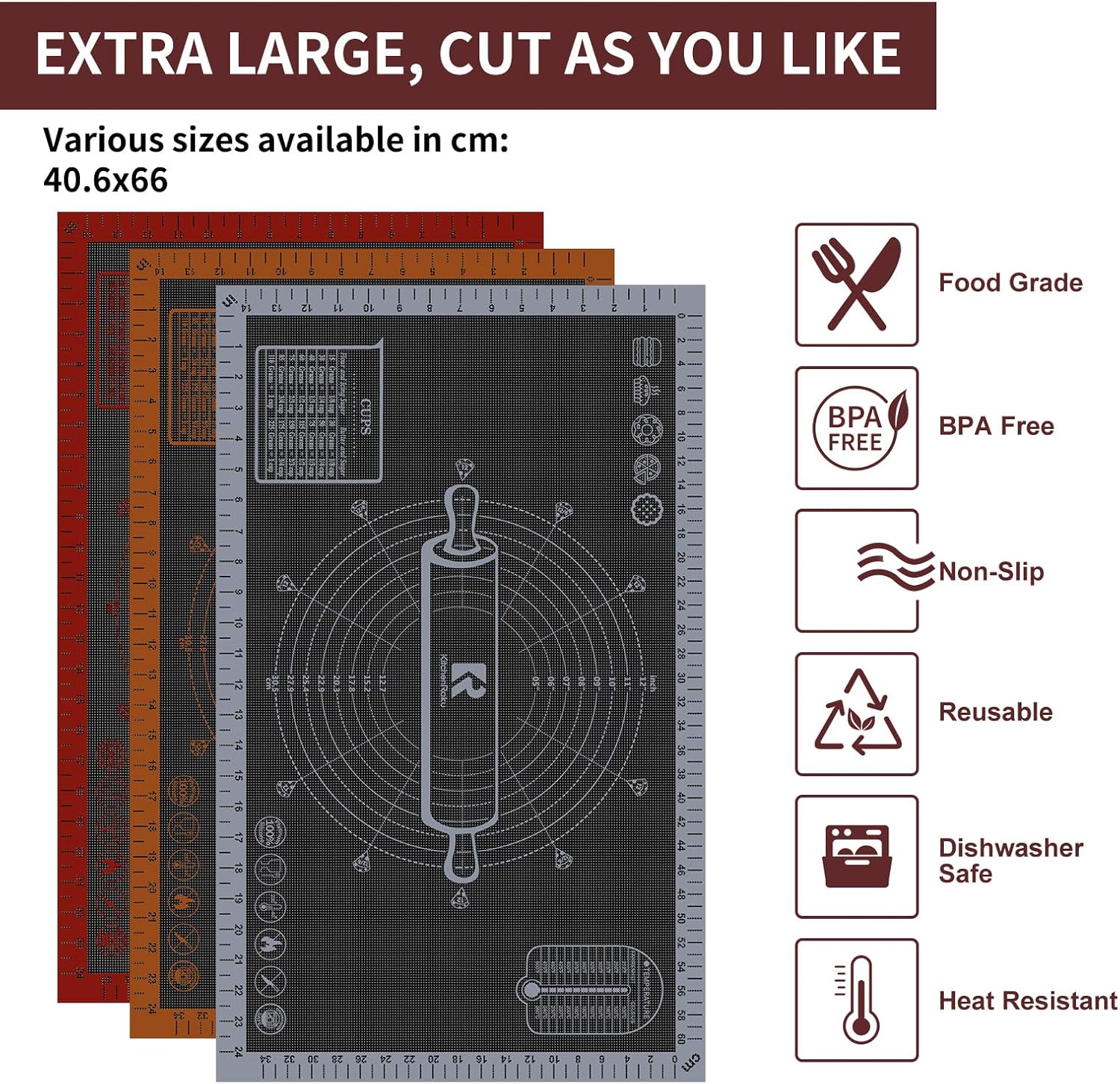 Silicone Pastry Mat - Extra Large Non-Slip Baking Mat with Measurements | 26''x16'' Translucent Grey
