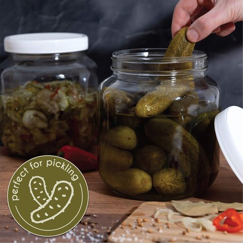 kitchentoolz Half Gallon Mason Jar 64oz – 4 Pack Wide Mouth Glass Jars with Foam-Lined Plastic Lid – Airtight Storage for Kombucha, Pickling, Canning – Big Mason Jars