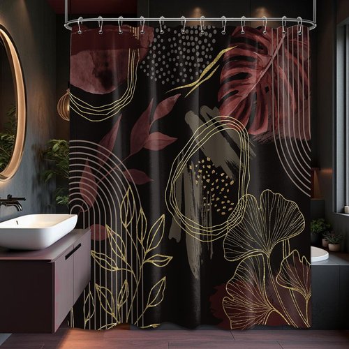soeeao Black and Dark Red Shower Curtain Mid Century Modern Burgundy Maroon Leaf Shower Curtains for Bathroom Decor Set, Waterproof Cloth Fabric with Hooks, 70" W x 72" L