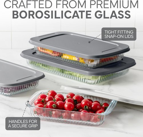 Cook With Color 8-Piece Deep Glass Baking Dish Set - Versatile Casserole & Food Storage Containers | Freezer-to-Oven, Microwave & Dishwasher Safe, Fluted Grey
