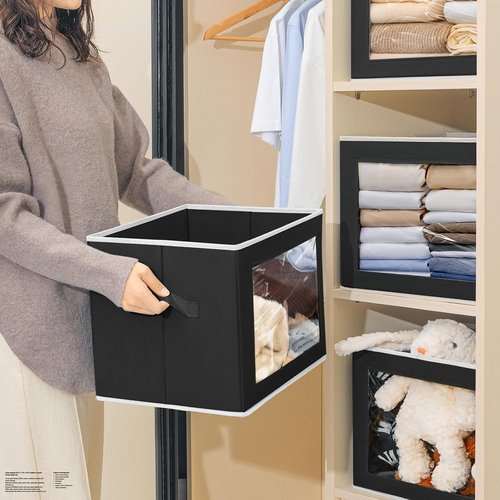Homsorout Large Storage Bins - Collapsible Fabric Cubes with Lids & Windows, 15.7 Inch, Black | 6 Pack