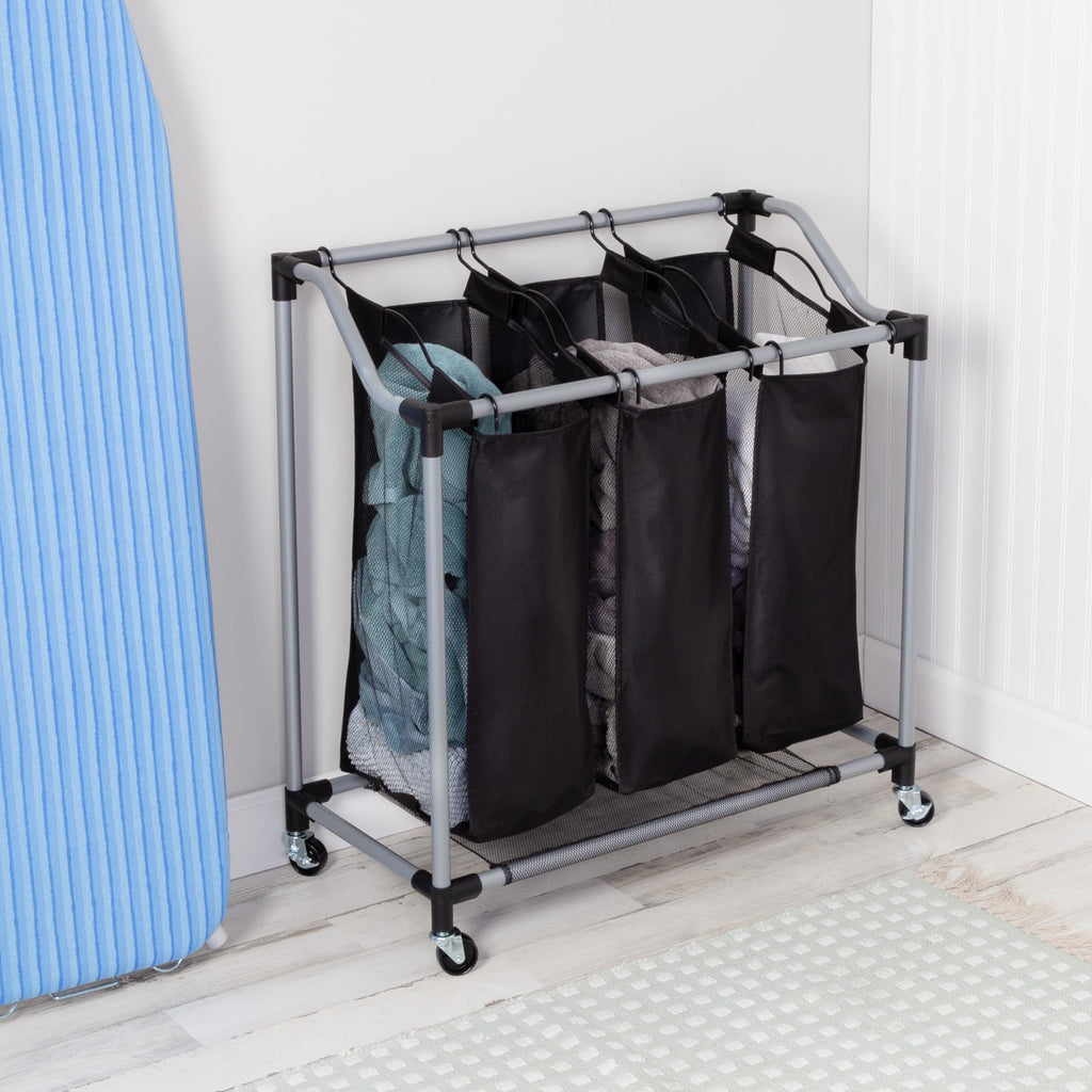 Honey-Can-Do Triple Laundry Sorter with Mesh 3 Bags, Steel/Black, 30.75" x 15" x 32.75"