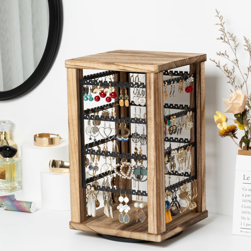 Emfogo 360 Earring Holder Organizer, Rustic Wood Earring Stand, Rotating Wooden Display, 4 Tiers Earring Organizer Stand for Stud Earrings, Hoop Earrings & Necklaces, Women Gifts
