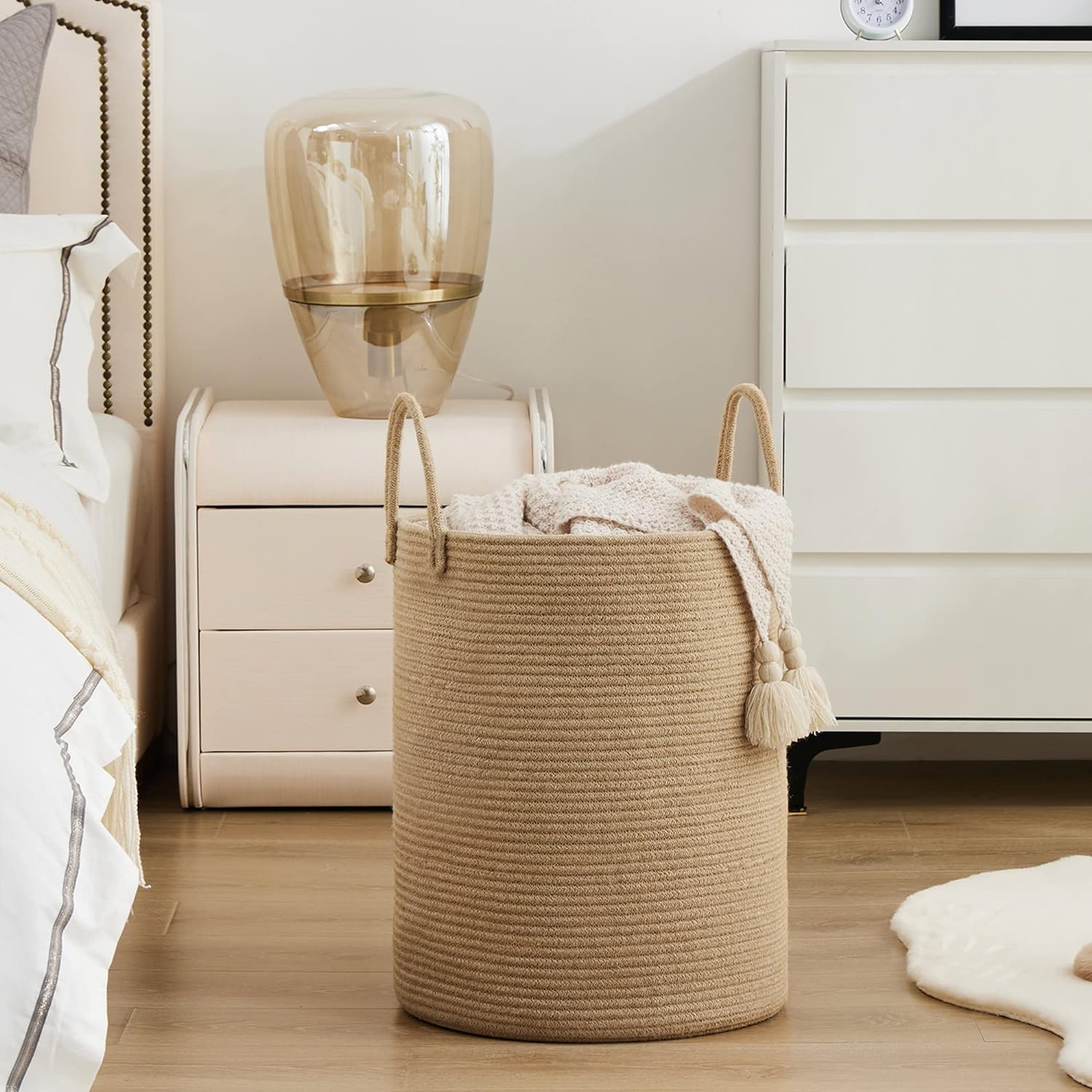 YOUDENOVA Jute Rope Laundry Hamper - 58L Tall Basket for Baby Nursery & Blanket Storage - Large Jute