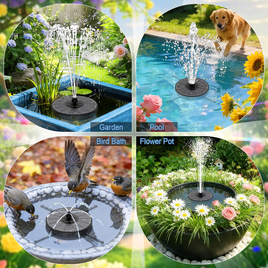Yzert Solar Fountain Pump - 3-Level Adjustable Water Height, 7 Nozzles, 2000mAh Battery | Ideal for Bird Baths & Gardens
