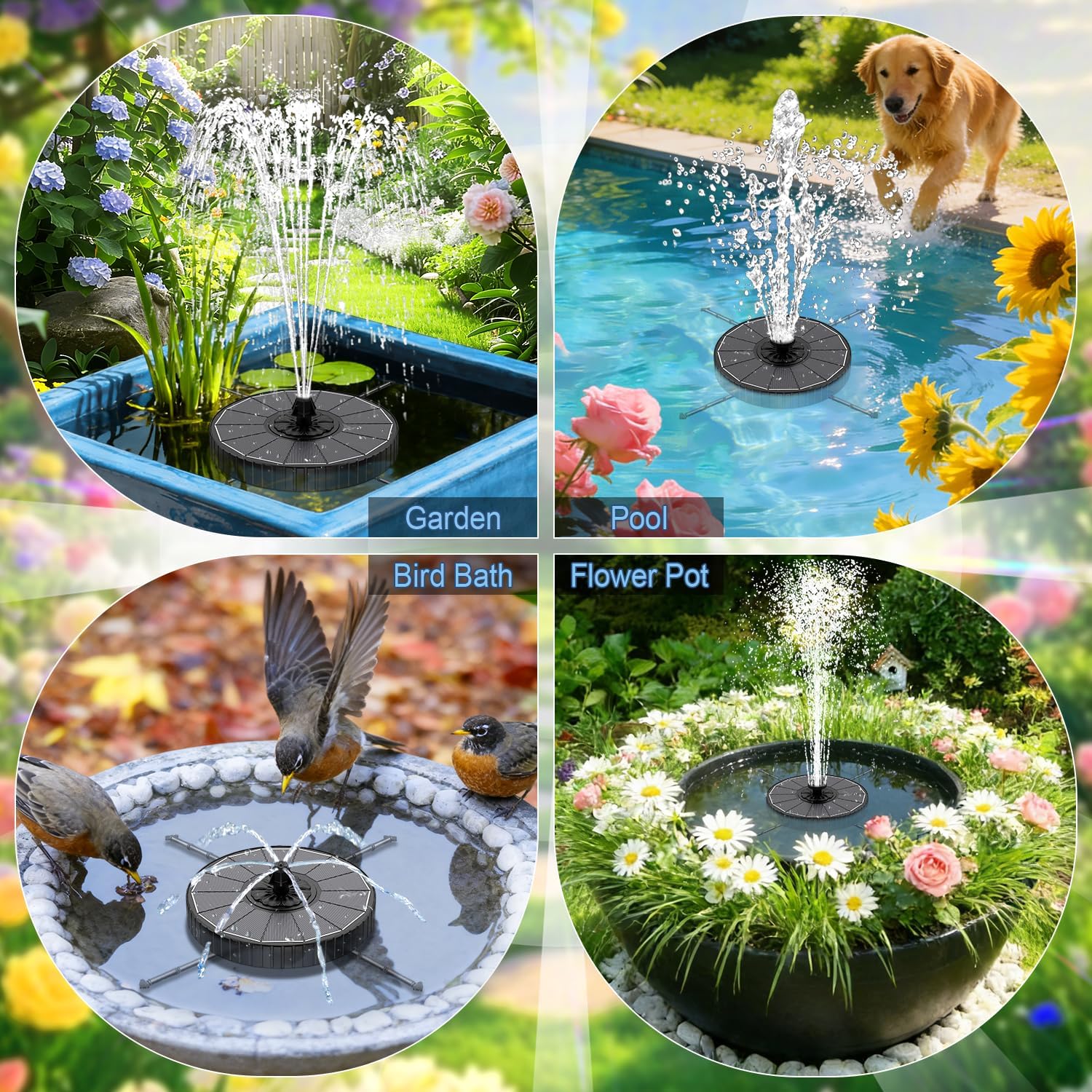 Yzert Solar Fountain Pump - 3-Level Adjustable Water Height, 7 Nozzles, 2000mAh Battery | Ideal for Bird Baths & Gardens