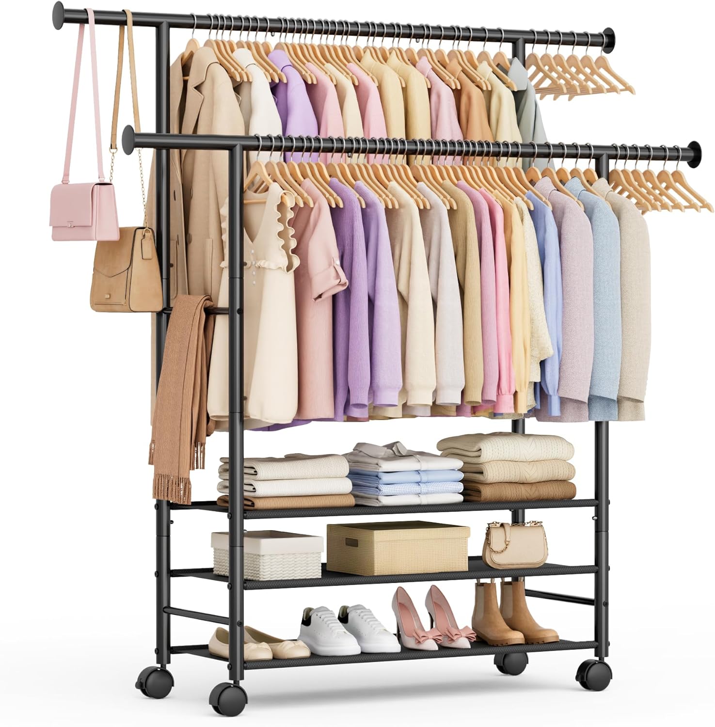 Sleeping Lamb Double Rod Clothes Rack - Sturdy Portable Garment Rack with 3-Tier Shelves | Black