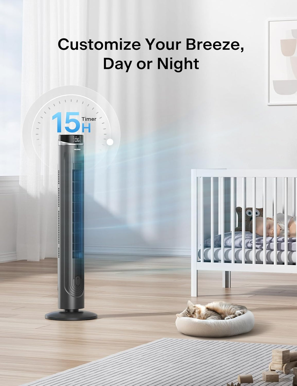 Pelonis 42-Inch Tower Fan - Quiet 90° Oscillation, 5 Speeds, Remote Control & Eco Mode | 12H Timer, LED Display