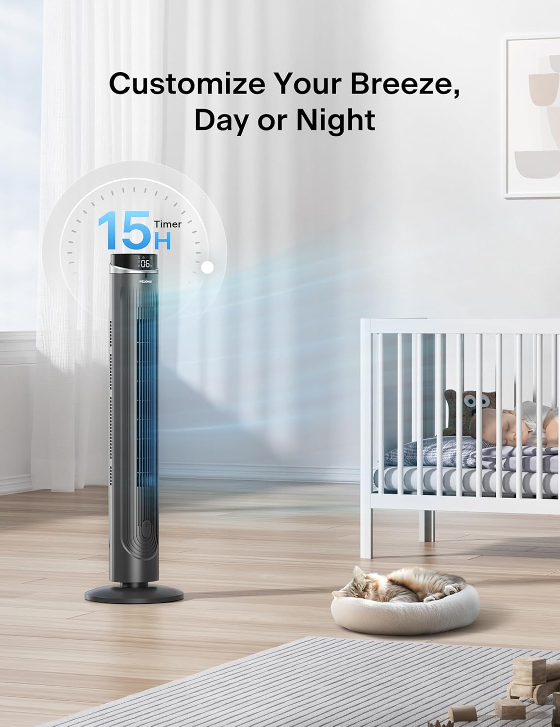 Pelonis 42-Inch Tower Fan - Quiet 90° Oscillation, 5 Speeds, Remote Control & Eco Mode | 12H Timer, LED Display