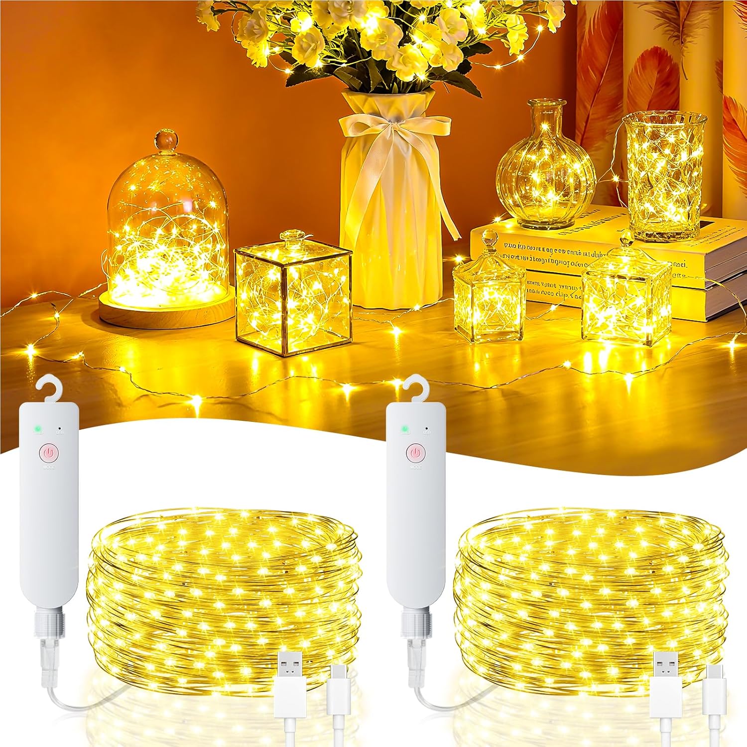 Skiennix Fairy Lights - 32FT Rechargeable Battery Operated Mini LED String Lights | Waterproof Warm White for Bedroom & Party Decor