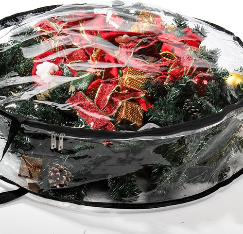Hedume Wreath Storage Bag - 30" X 8" Clear Container with Dual Zipper and Reinforced Handle for Holiday Decor