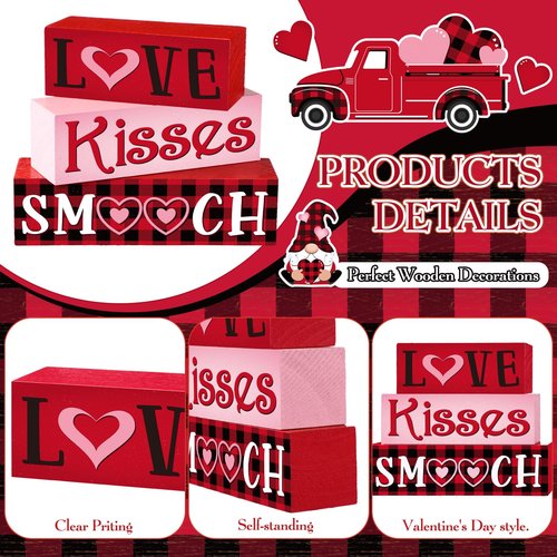 Burbell 3 Pcs Valentine Table Decoration Signs Tiered Tray Valentine Wooden Love Blocks Heart Wood Freestanding Decor for Farmhouse Centerpiece Wedding Gift(Sweet Style)