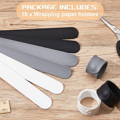 Cunhill Wrapping Paper Holder Clips - 18 Silicone Covered Metal Slap Bands for Gift Wrapping & Storage | White, Black, Grey