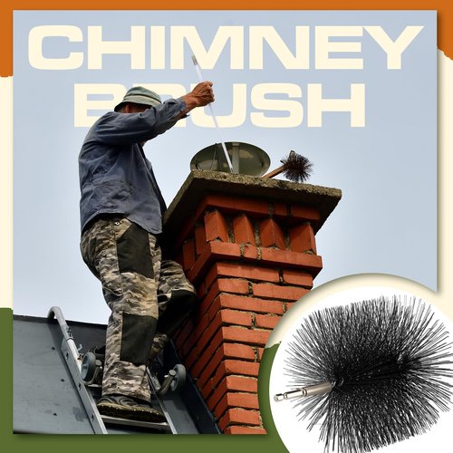 Teenyyou Wire Chimney Cleaning Brush with 1/4 Npt Fitting and 12 Rods, 6 Inch Round Steel Chimney Cleaning Brush and 16 Inch Fiberglass Rods for Hearth Fireplace(All-in-one)