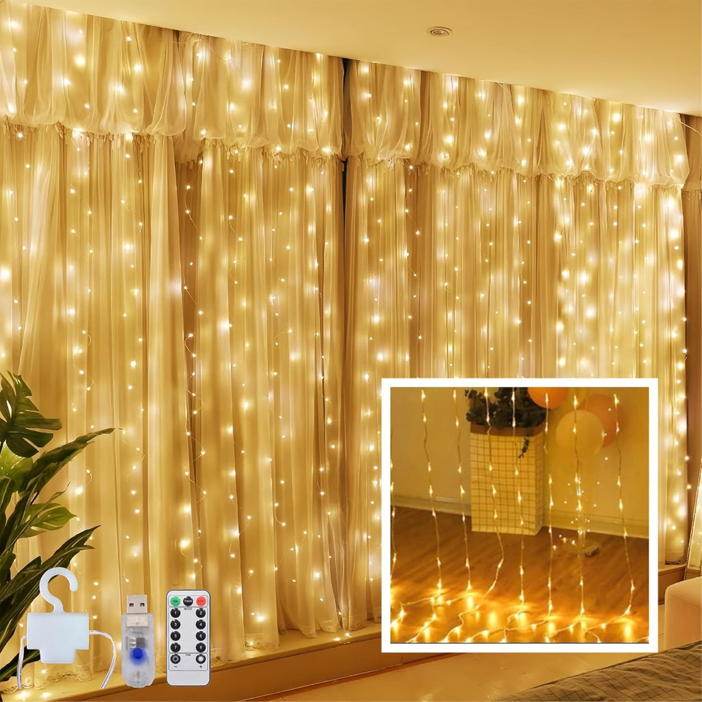 Skiennix 300 LED Curtain String Lights - Warm White, 8 Modes, Remote & Timer, USB Operated, Waterproof for Indoor/Outdoor Decor