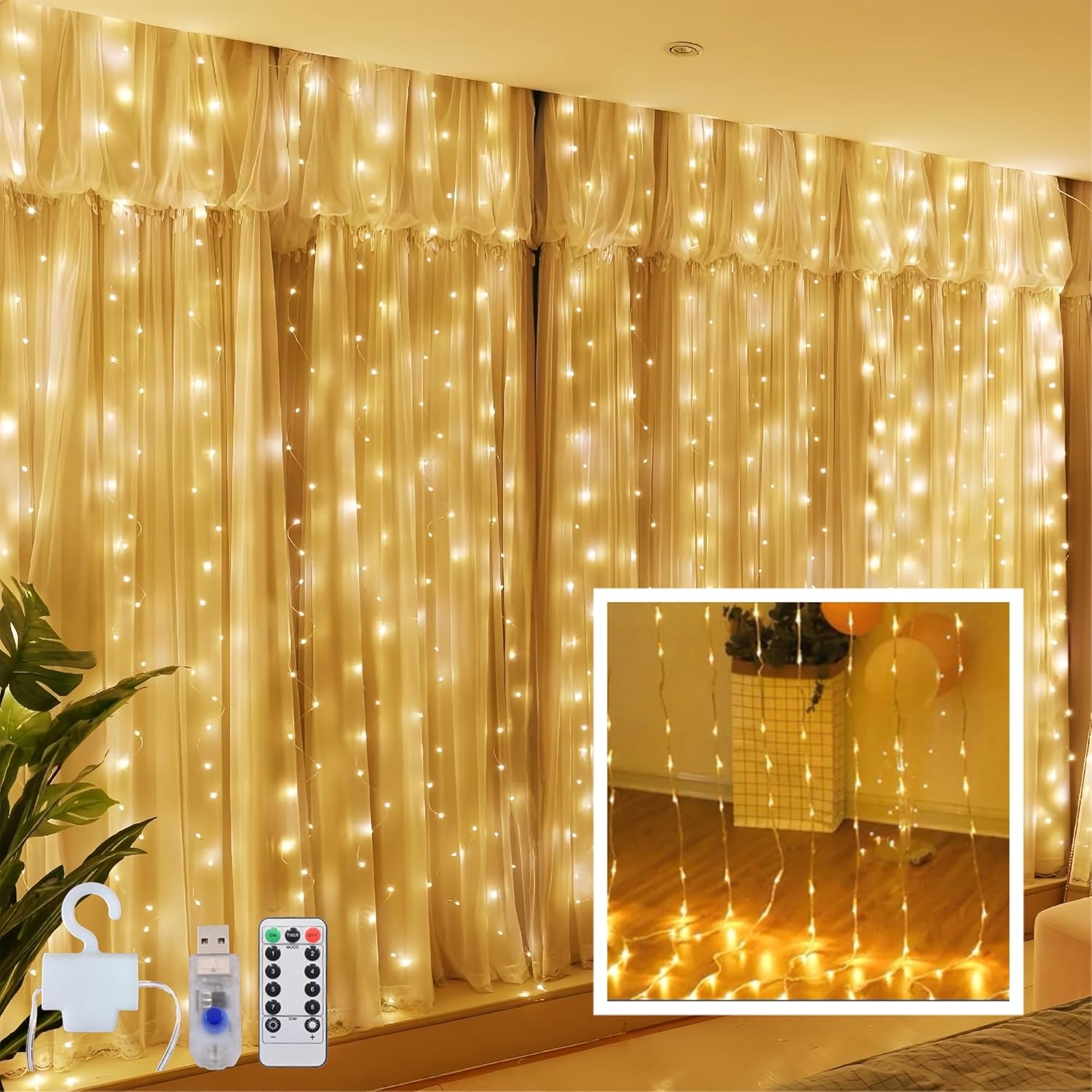 Skiennix 300 LED Curtain String Lights - Warm White, 8 Modes, Remote & Timer, USB Operated, Waterproof for Indoor/Outdoor Decor
