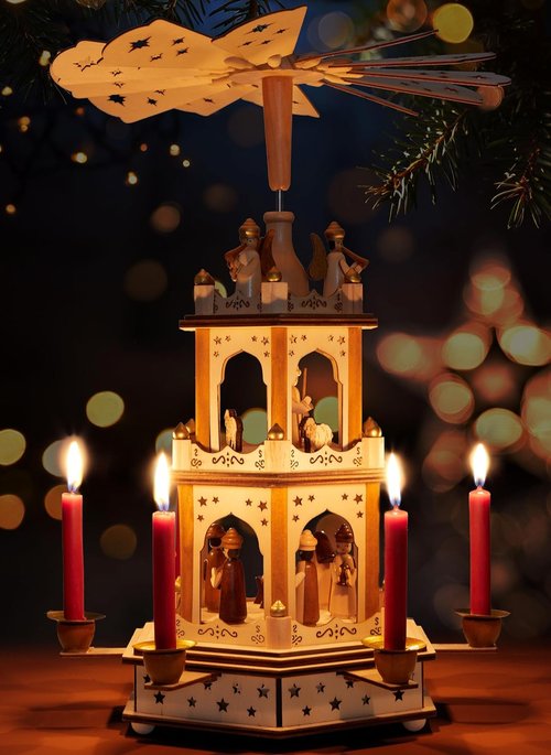 BRUBAKER Christmas Pyramid - 3-Tier Rotating Wooden Candle Holder - 18 Inch Hand-Painted Decoration - Brown