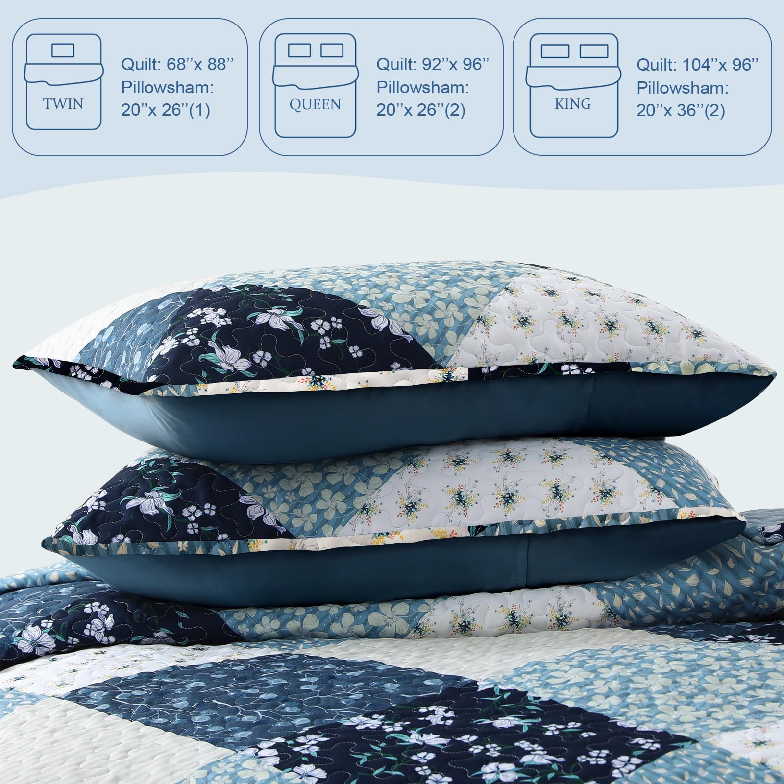 Exclusivo Mezcla Reversible Boho Quilts Twin Size, Blue Bedspreads Lightweight Coverlet All Season Patchwork Quilt Bedding Set with Printed Floral Pattern (1 Quilt, 1 Pillow Sham)