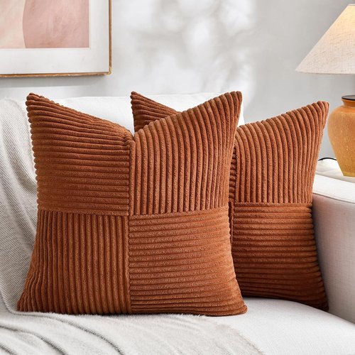 Fancy Homi Decorative Throw Pillow Covers - 2 Packs of 18x18 Inch Soft Corduroy in Terracotta | Boho Farmhouse Decor