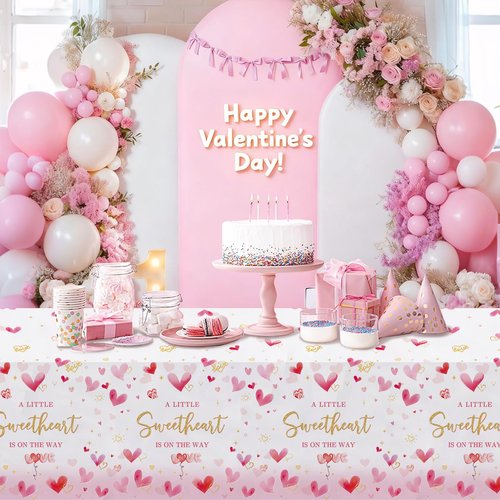 MEHOFOND 3pcs Valentine's Day Baby Shower Tablecloth for Girl, Disposable Plastic A Little Sweetheart is On The Way Pink Heart Table Cloth Rectangle 54x108 inch, Table Cover for Baby Shower Decor