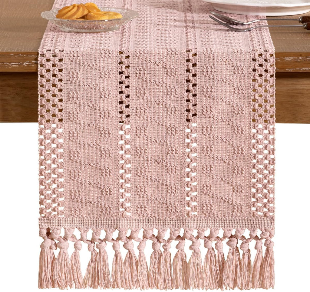 Socomi Boho Table Runner - Rustic Macrame Woven Cotton for Spring Decor | 12x36 in Pink