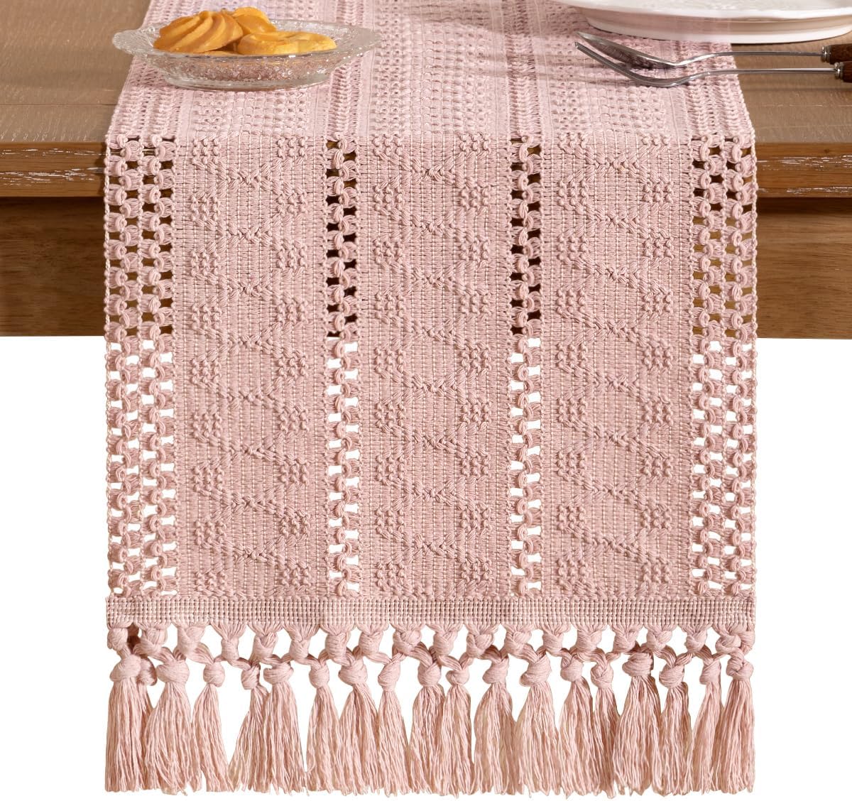Socomi Boho Table Runner - Rustic Macrame Woven Cotton for Spring Decor | 12x36 in Pink