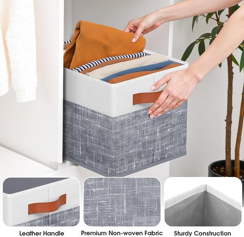 Fab Totes Collapsible Storage Baskets - 4 Pack Foldable Fabric Bins with Leather Handles | 14"x10" for Organizing Books & Clothes in White & Grey