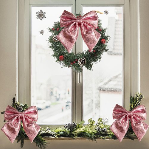 Large Sequin Bow Tree Topper, 12''x10'' Pink Glitter Bow Christmas Ornaments, Decorative Bow for Christmas Tree Wreath Garland Fireplace Holiday Valentine's Day DIY Crafts (Pink)