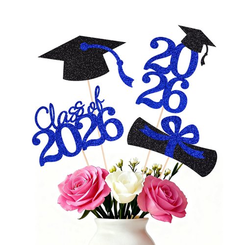 Double-sided 16 PCS Graduation Cake Toppers – Blue Class of 2026 Centerpieces Picks for Graduation Theme Party Decorations Supply