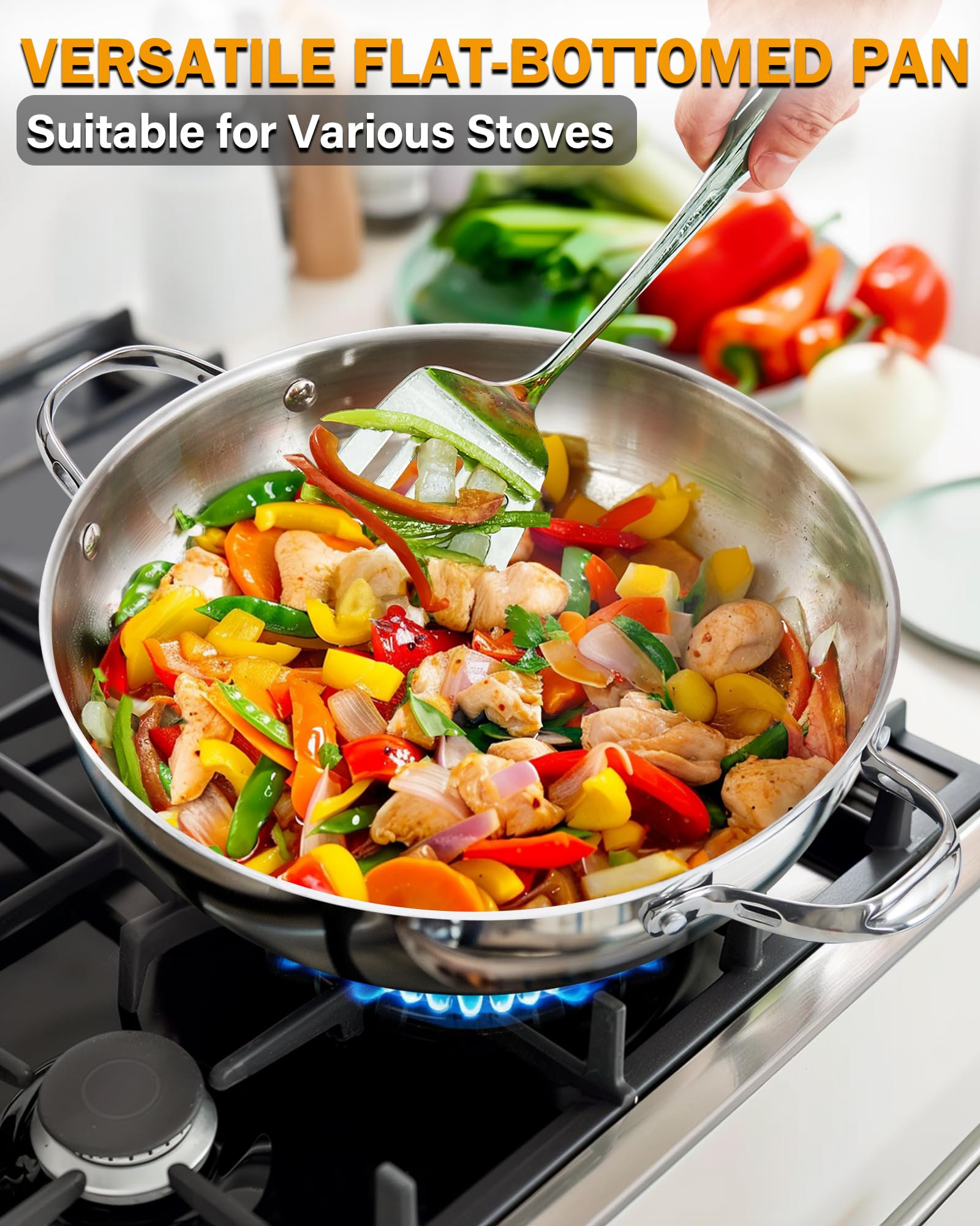 Cooks Standard Wok Stir Fry Pan with Glass Lid, Classic Stainless Steel 12-Inch/30cm Everyday Chef's Pan, Silver