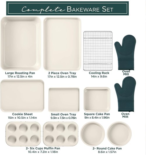 Country Kitchen Nonstick Bakeware Set - Deluxe Heavy Duty, Easy Release, Sage | 13 Pcs