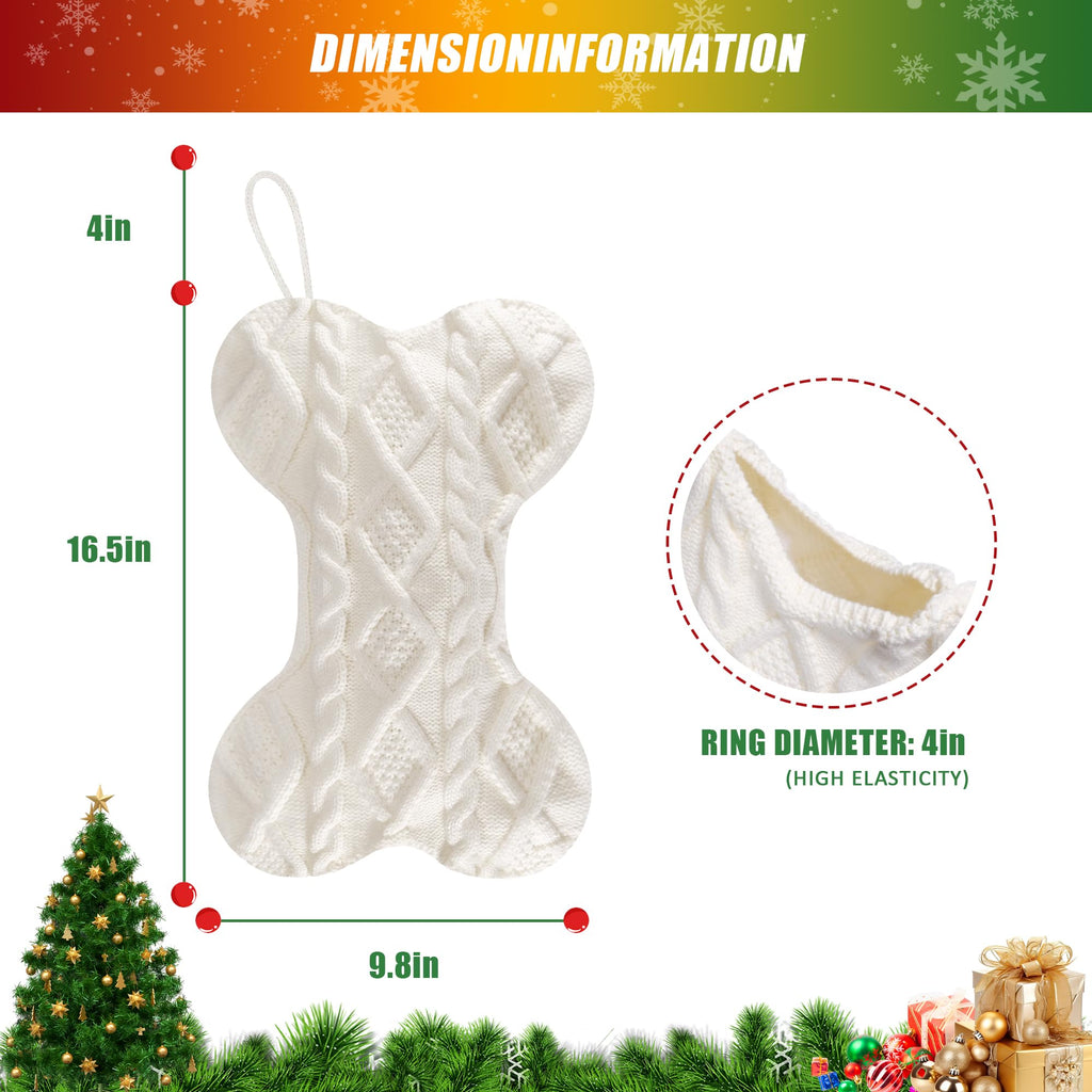Doitory Dog Christmas Stocking, Large Bone Shape Knit Christmas Stockings for Dogs, Xmas Party Hanging Stocking for Fireplace Tree Gift Home Decoration (White)