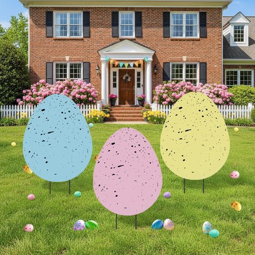 DoubleFill 3 Pcs Easter Decorations - 3D Metal Tulip & Bunny Yard Signs for Spring Garden Decor