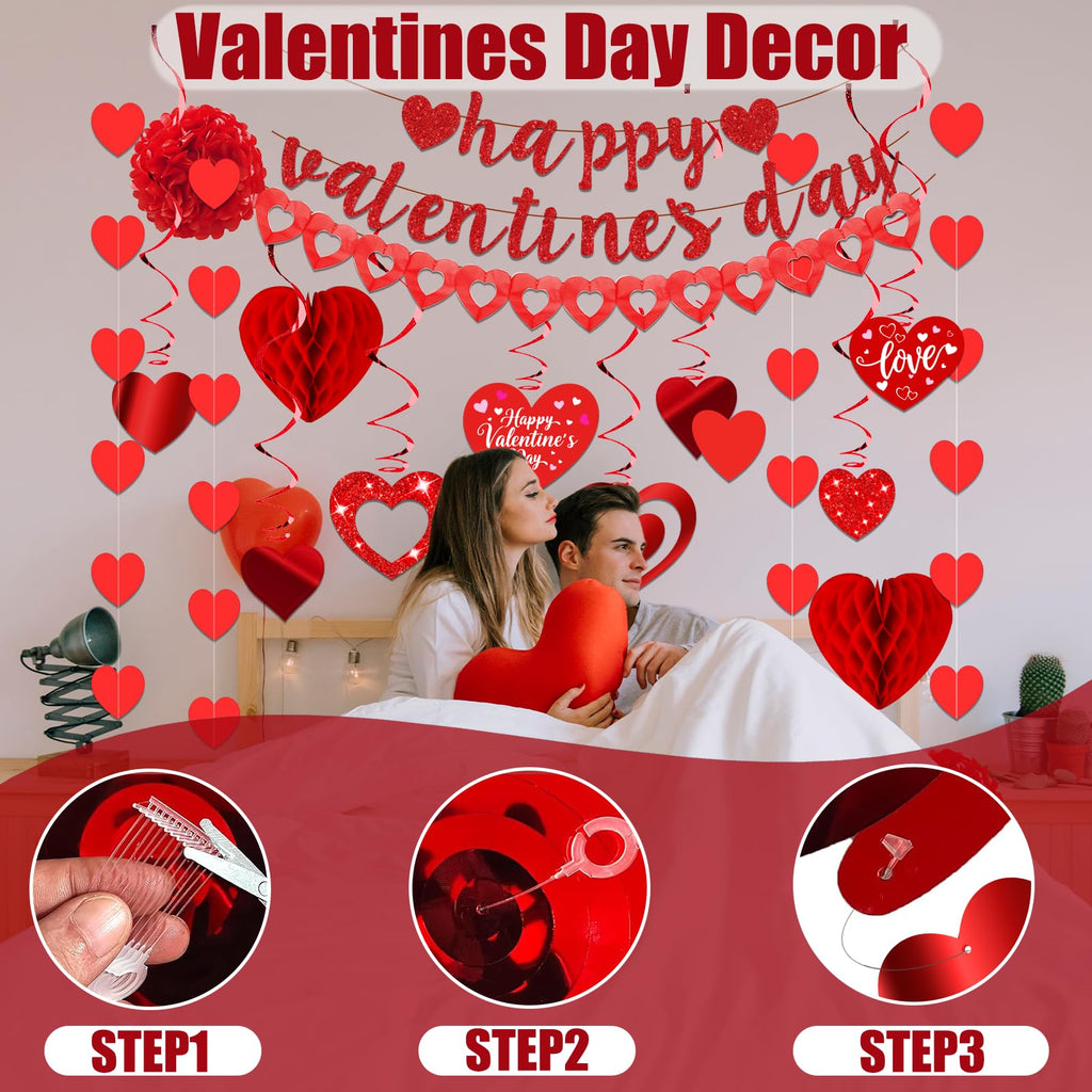 26Pcs Valentines Day Decorations Hanging Swirls Valentines Day Decorations Happy Valentine's Day Love Heart Garlands Banner Paper Honeycomb for Home Classroom Office Wedding Party Anniversary