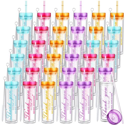 Mumufy 36 Pcs End of Year Gifts Bulk 16 oz Skinny Tumbler Cups with Lids and Straws Thank You Gift Plastic Cups for Teacher Coworker Employee