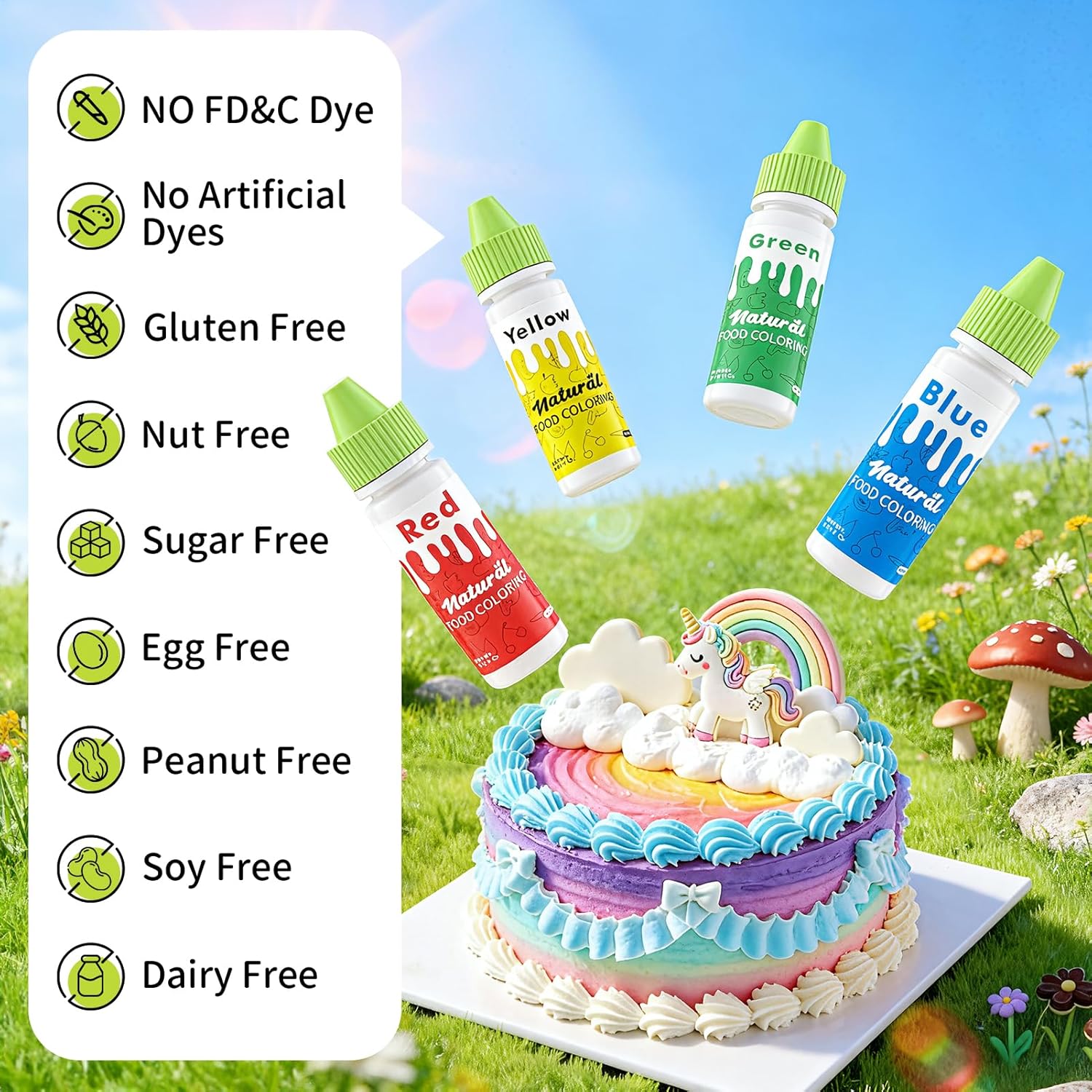 Natural Food Coloring | FD&C & Artificial Dye-Free Formula - 4 Natural Food Dyes for Baking & Decorating - 0.35 Fl. Oz (10 ml) Bottles