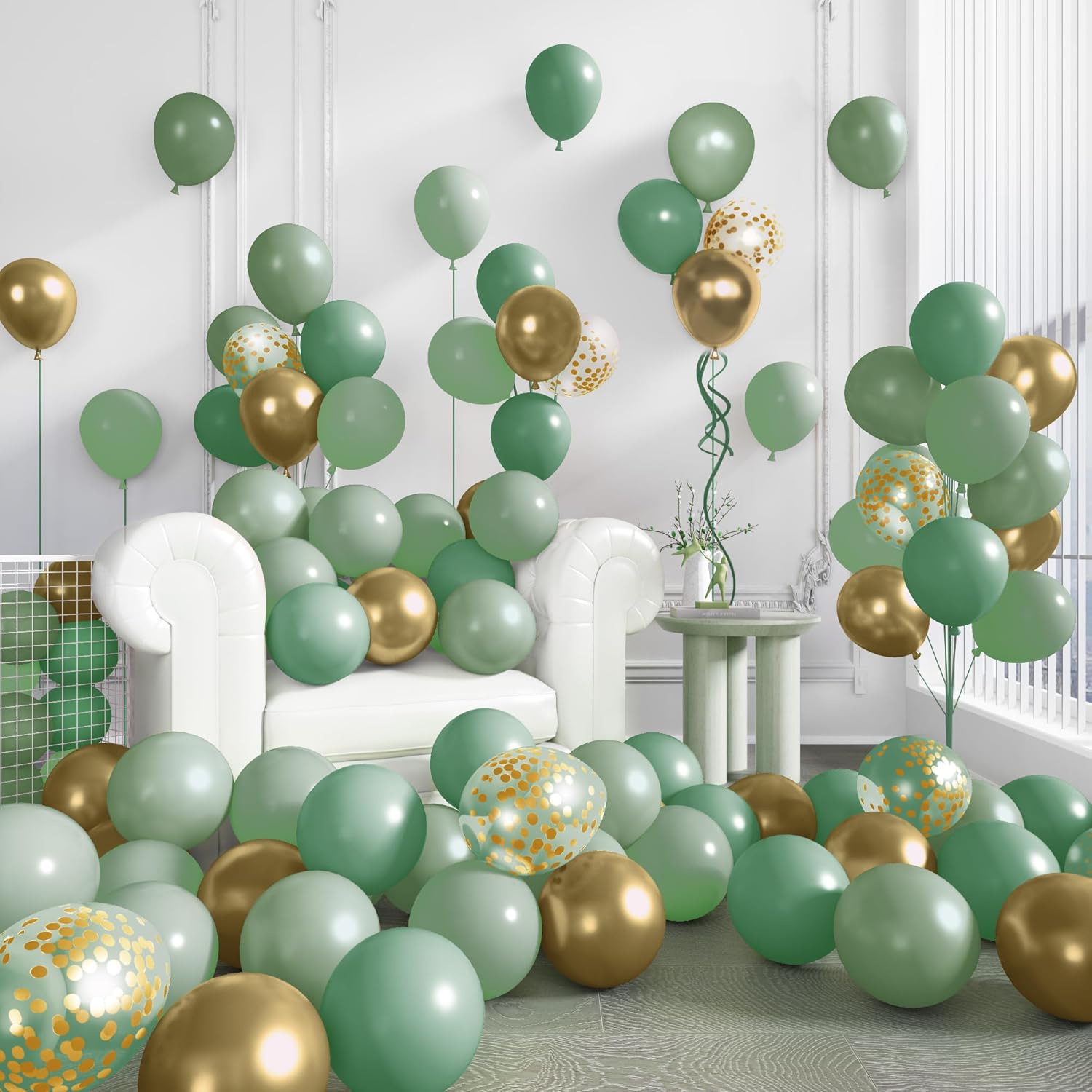 Skiennix 72Pcs Sage Green Balloon Set - 12" Latex Balloons with Pearl Metallic Gold & Olive Confetti for Baby Shower, Birthday, Wedding Decorations