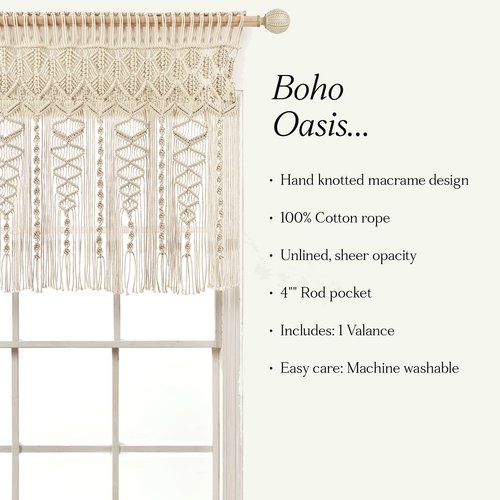 Lush Decor Boho Macrame Textured Cotton Valance, 50" W x 20" L, Neutral - Boho Kitchen Curtains & Wall Decor - Macrame Valance - Bathroom Window Curtains