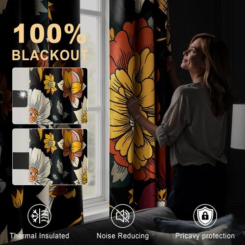 NICETOWN 100% Blackout Boho Floral Curtains for Living Room Bedroom Botanical Fall Drapes Grommet Thermal Insulated Soundproof Vintage Flower Pattern Printed Window Treatment, W52xL96, 2 Panels