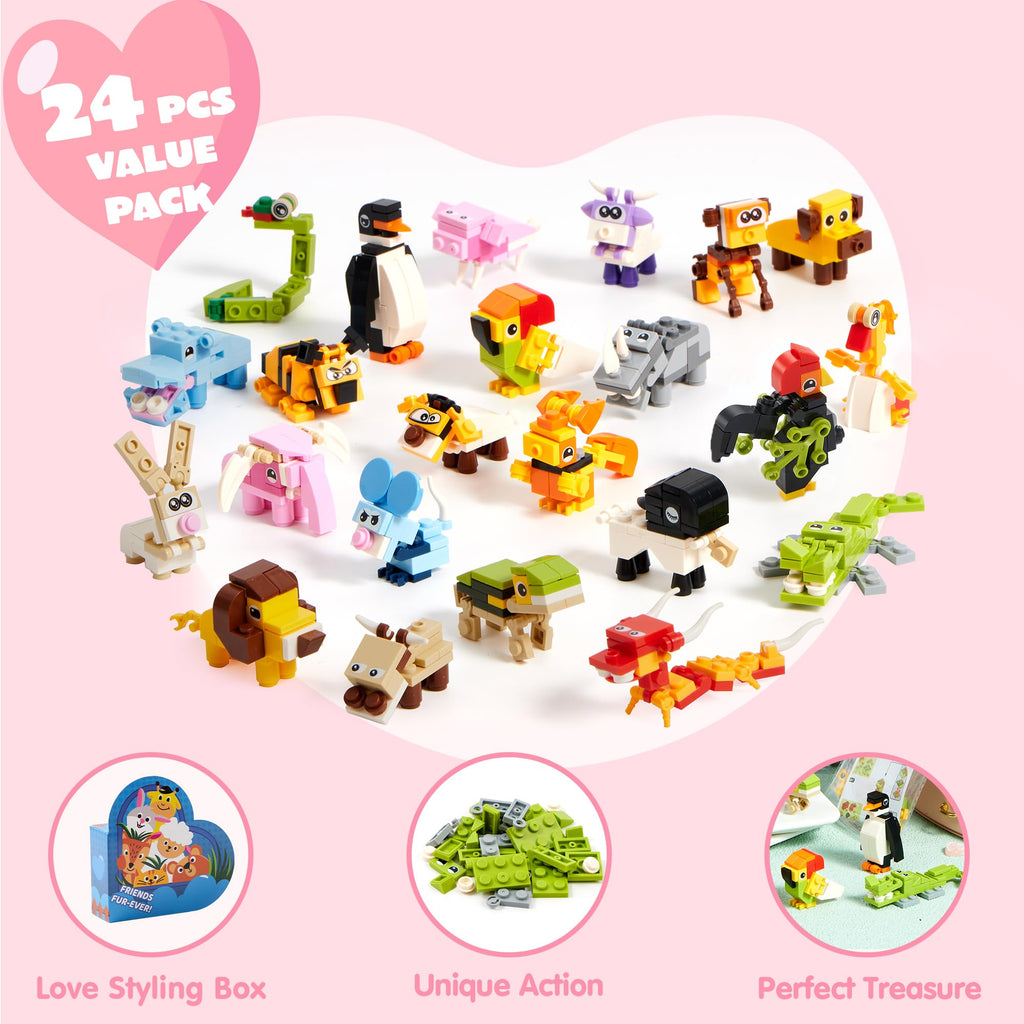 JOYIN 24 Packs Valentines Animal Building Blocks with Hearts Party Favors for Kids Valentine Classroom Prize, Classroom Gift Exchange School Rewards