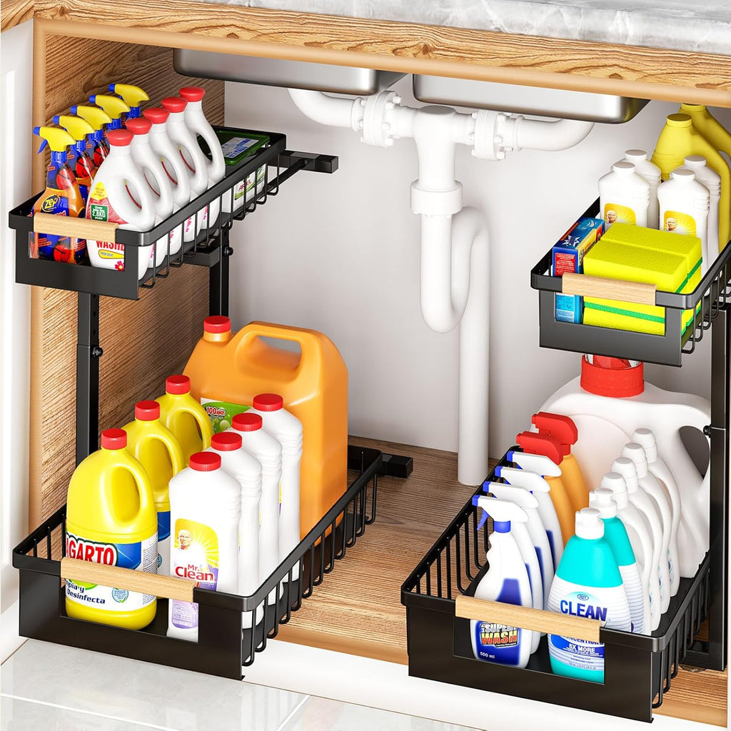 Under Sink Organizer by [Brand Name] - L-Shape 2-Tier Pull-Out Cabinet Storage Rack | Adjustable Height, Black, 2 Pack