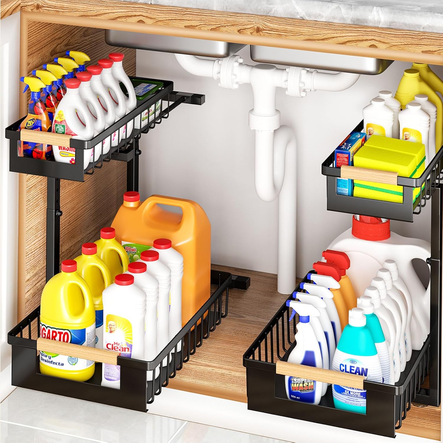 Under Sink Organizer by [Brand Name] - L-Shape 2-Tier Pull-Out Cabinet Storage Rack | Adjustable Height, Black, 2 Pack