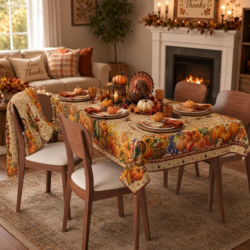 Thanksgiving 54x54 Inch Square Tablecloth – Vintage Harvest Border, Waterproof Spun Polyester