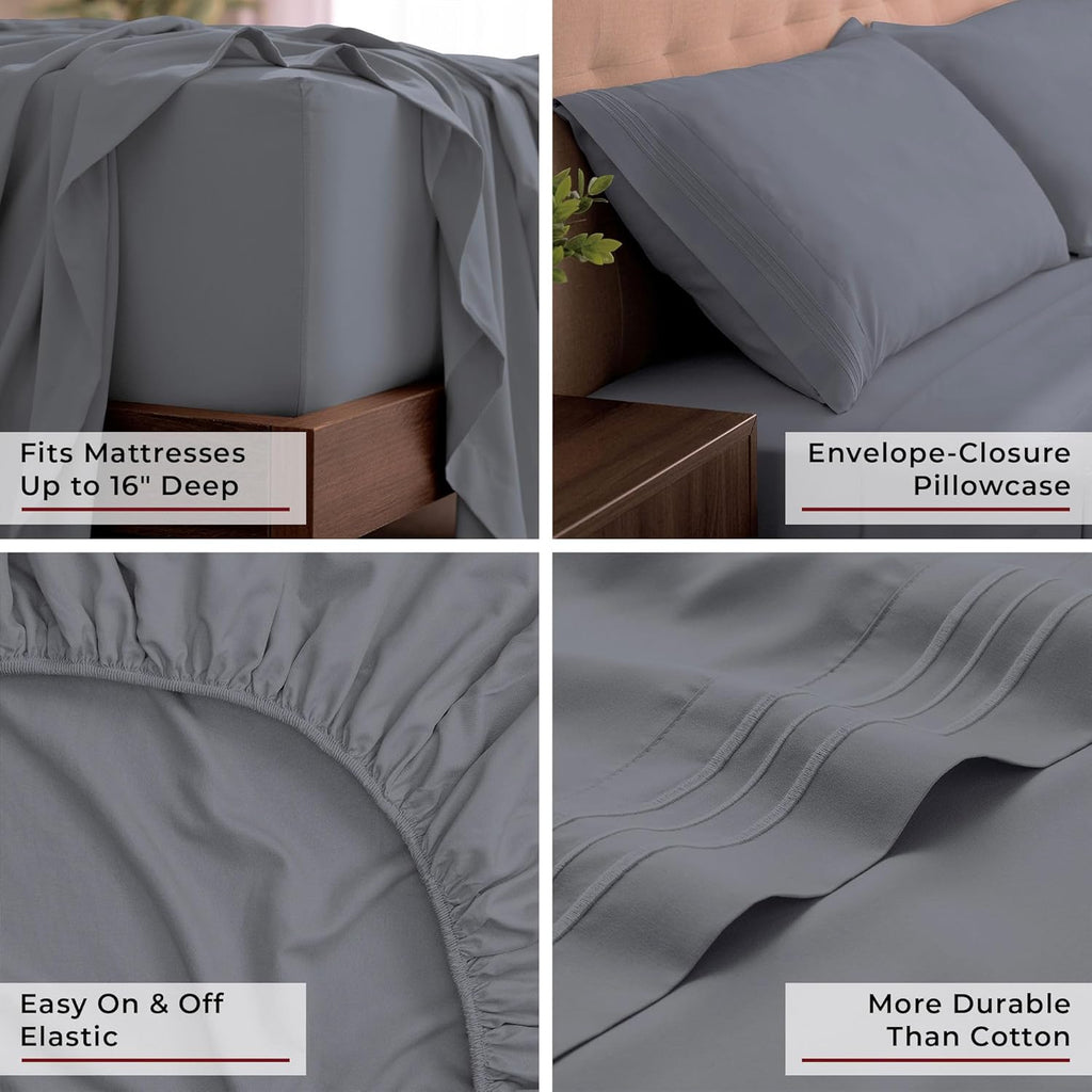 Mellanni King Sheets Set - 4 PC Hotel Luxury Bedding | Extra Soft, Cooling, Wrinkle-Resistant (King, Mineral Gray)