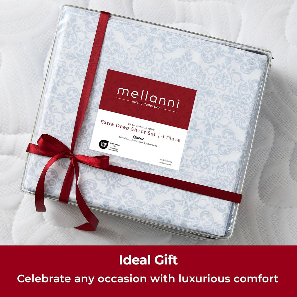 Mellanni Extra Deep King Sheets - Hotel Luxury Ultra Soft Cooling Bedding - 4 PC Set in Laced Sky Blue
